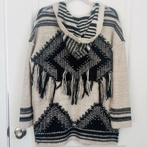 Southwestern Hooded Sweater Jacket Sz S Oversize Aztec Fringe Yellowstone‎
